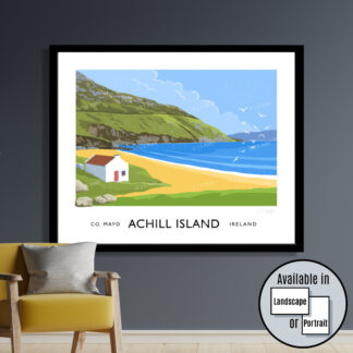 Vintage style travel poster art print of Keem Beach on Achill Island, County Mayo
