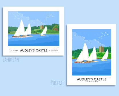 Vintage style travel poster art print of sailing boats on Strangford Lough off Audley's Castle near Castle Ward, Co. Down.