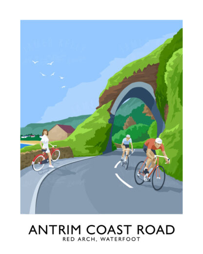 Vintage style travel poster art print of the Red Arch near Waterfoot on the County Antrim Coast