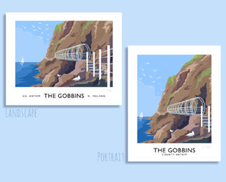 Vintage style travel poster art print of the Gobbins coastal path, County Antrim