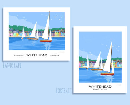 Vintage style art print of a sailing yachts off Whitehead seafront, County Antrim