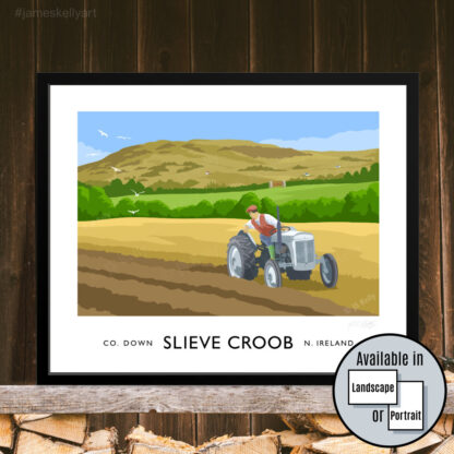Vintage style art print of an old Ferguson TE20 tractor ploughing a field near Slieve Croob, County Down
