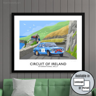 Vintage style art print of a Mark 1 Ford Escort competing in the Circuit of Ireland rally