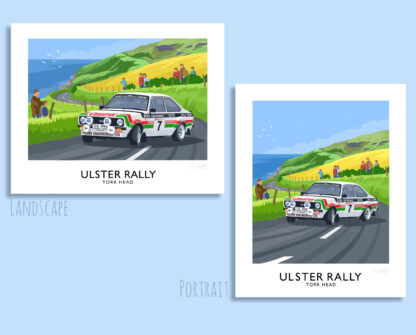 Vintage style art print of Bertie Fisher's Mark 2 Ford Escort competing in the Ulster Rally