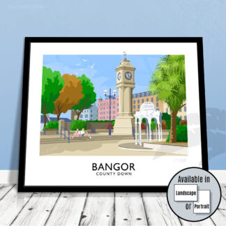 Vintage style travel poster art print of the McKee Clock Arena in Bangor, County Down.