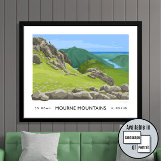 Vintage style travel poster art print of  Slieve Bearnagh in the Mourne Mountains