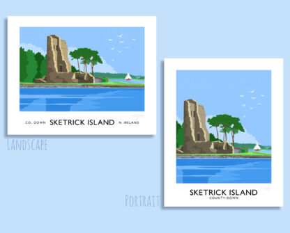 Vintage style art print of Sketrick Castle at Whiterock on the coast of Strangford Lough, County Down