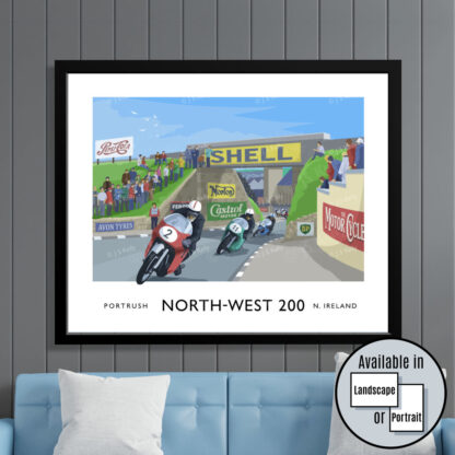 Vintage style travel poster art print of the Nort-West 200 motorcycle road race through Portrush