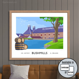Vintage style art print of the Bushmills Distillery, County Antrim.