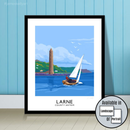 Vintage style art print of a sailing boat passing Chaine Memorial Tower, Larne, Northern Ireland.