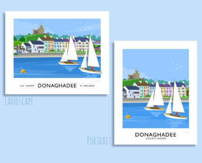 Vintage style travel poster art print of a sailing yachts off Donaghadee seafront, County Down