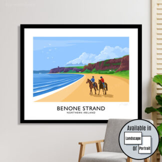 Vintage style art print of Benone Strand on the North-West coast of Northern Ireland.