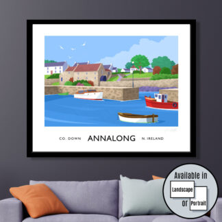 Vintage style travel poster art print of Annalong Harbour, County Down.