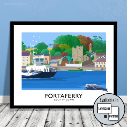 Travel poster art print of the ferry boat at Portaferry, County Down