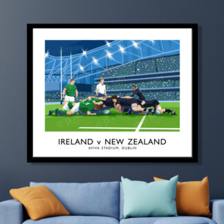Vintage style art print of an Ireland v New Zealand rugby match at the Aviva Stadium, Dublin.