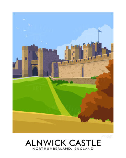 Vintage style art print of Alnwick Castle in Northumberland, England.