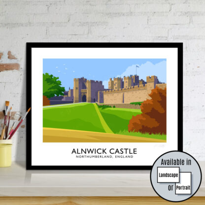 Vintage style travel poster art print of Alnwick Castle in Northumberland, England.