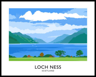 Vintage style art print of Loch Ness in Scotland.