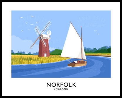 Vintage style art print of a windmill and sailing boat on the Norfolk Broads, England