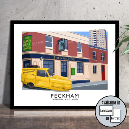 Vintage style travel poster of the Nag's Head and the Trotters car in Peckham, London