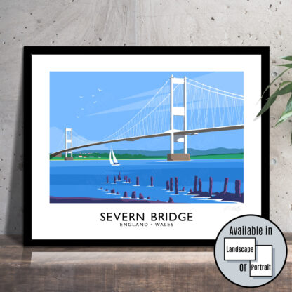 Vintage style travel poster art print of the Severn Bridge between England and Wales.