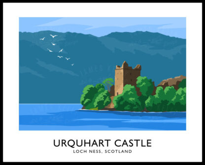 Vintage style art print of Urquhart Castle on the shores of Loch Ness, Scotland.