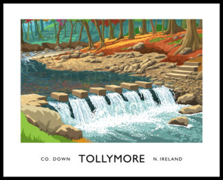 Vintage style art print of the Stepping Stones crossing the Shimna River in Tollymore Forest Park in the Mournes, County Down