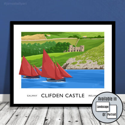 Vintage style art print of Galway Hooker sailing boats off Clifden Castle in County Galway