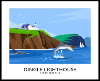 Vintage style art print of dolphins near Dingle Lighthouse, County Kerry.