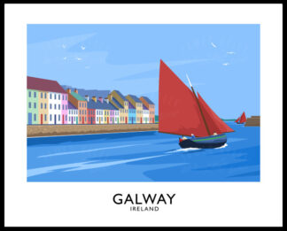 Vintage style art print of Galway Hooker sailing boats off The Long Walk in The Claddagh district of Galway City.