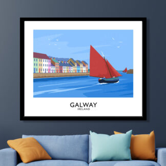 Vintage style travel poster art print of Galway Hooker sailing boats off The Long Walk, Galway City.