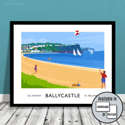 Vintage style travel poster art print of Ballycastle beach, County Antrim.