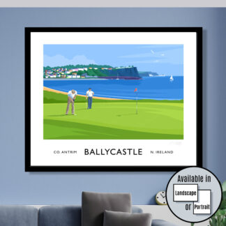 Vintage style art print of golfers at Ballycastle, County Antrim
