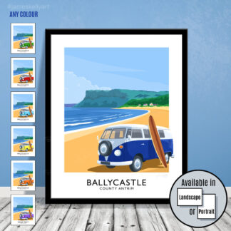 Travel poster art print of a VW camper van - available in any colour