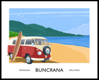 Vintage style travel poster art print of a vw camper van on the beach at Buncrana, Donegal