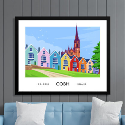 Vintage style art print of the row od=f houses known as The Deck of Cards in Cobh, County Cork.