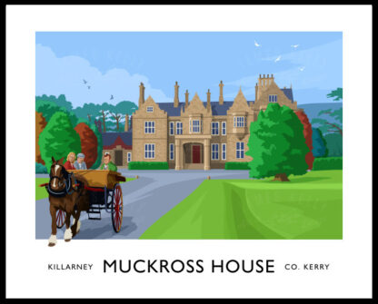 Vintage style art print of Muckross House and Gardens in Killarney, County Kerry, Ireland.