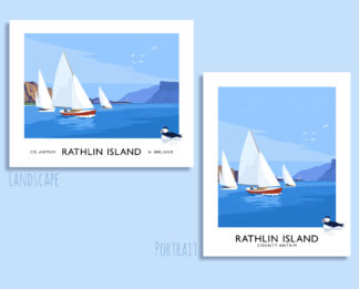Vintage style art print of yachts sailing on Rathlin Sound between Rathlin Island and Ballycastle.