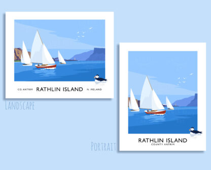 Vintage style art print of yachts sailing on Rathlin Sound between Rathlin Island and Ballycastle.