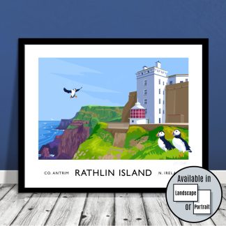 Vintage style travel poster art print of the West Lighthouse and Puffins on Rathlin Island, County Antrim.