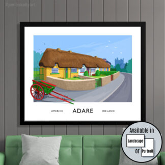 A vintage style art print of the picturesque row of thatched cottages in Adare, County Limerick.