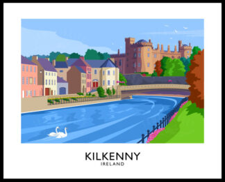 A vintage style art print of Kilkenny Castle from the River Nore, County Kilkenny, Ireland.
