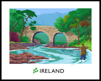 A vintage style art print of a gentleman fly fishing near Old Weir Bridge in Killarney National Park, County Kerry, Ireland.