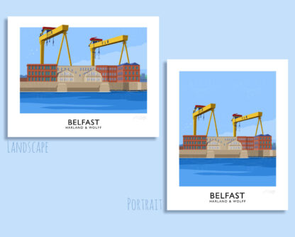 Vintage style art print of Belfast's iconic Harland and Wolff twin cranes, Samson and Goliath.