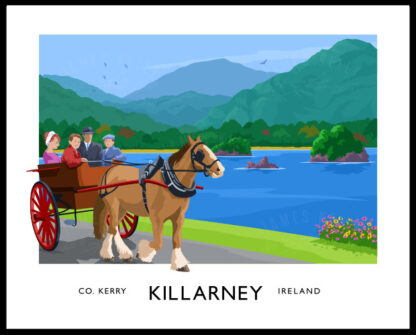 A vintage style art print of a traditional horse and trap driving Killarney National Park, County Kerry.