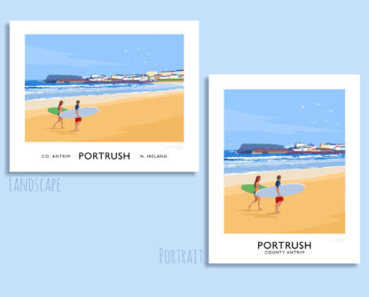 A vintage style travel poster art print of surfers on the West Strand at Portrush, County Antrim.