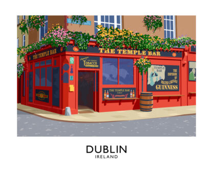 A vintage style art print of the colourful Temple Bar pub in Dublin, Ireland.