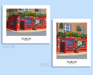 A vintage style art print of the colourful Temple Bar pub in Dublin, Ireland.