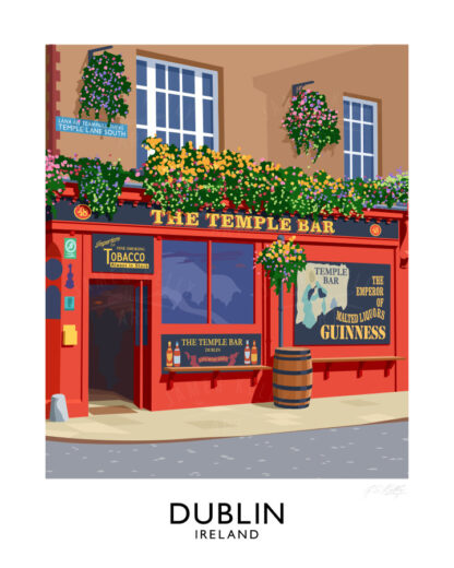 A vintage style art print of the colourful Temple Bar pub in Dublin, Ireland.