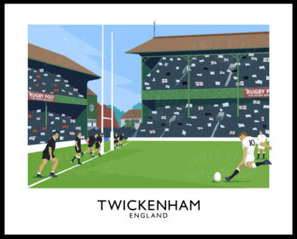 A vintage style art ptint of a Rugby Union match between England and the New Zealand All Blacks at Twickenham